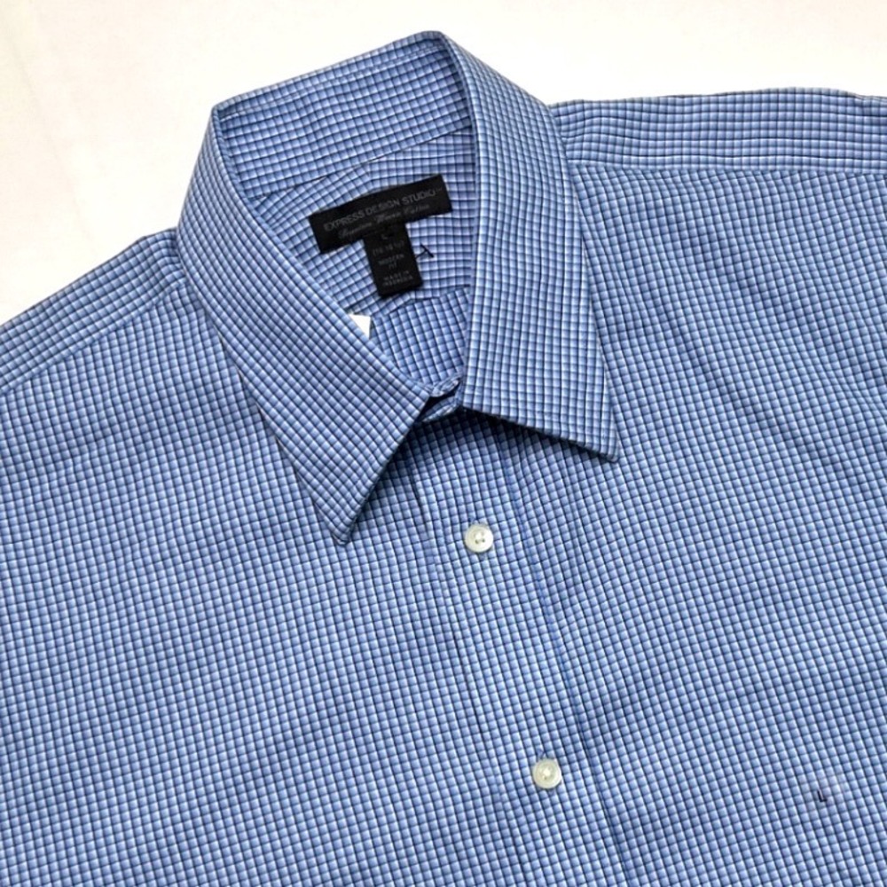 Express Mens Modern Fit Micro Check Woven Button Down Shirt Size L Blue NEW
